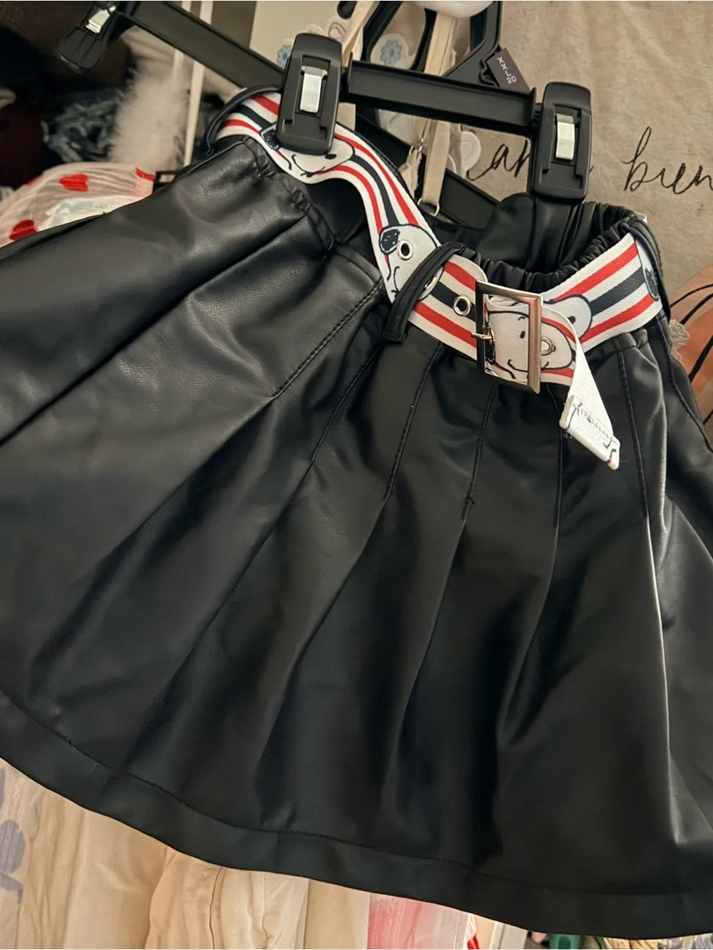 Justice Black Faux Leather Skater Skirt with Red White and Blue Striped Belt